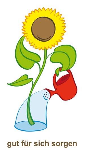 eine Sonnenblume hlt mit einem Blatt eine rote Giekanne und giet sich selbst; darunter steht: Gut fr sich sorgen